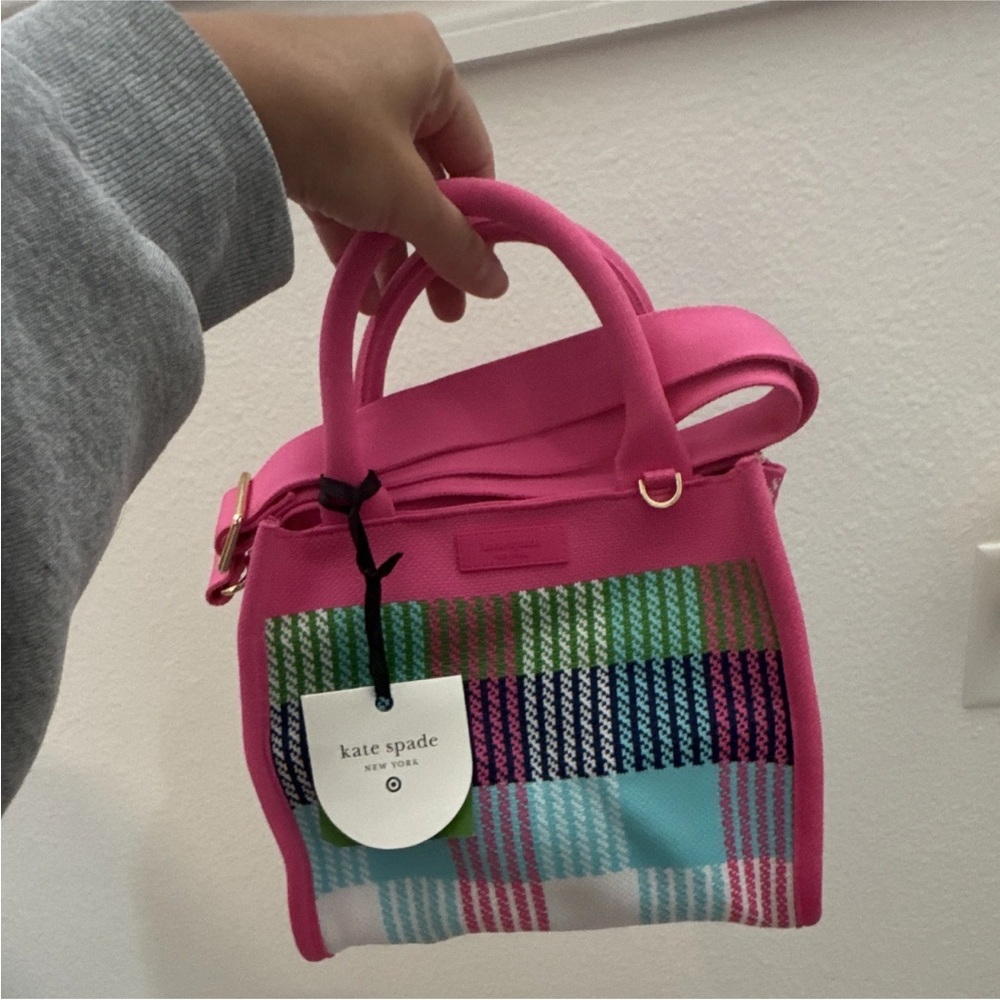 kate spade new york Pink Plaid Small Satchel Top Handle Crossbody Strap Gold - Picture 4 of 4